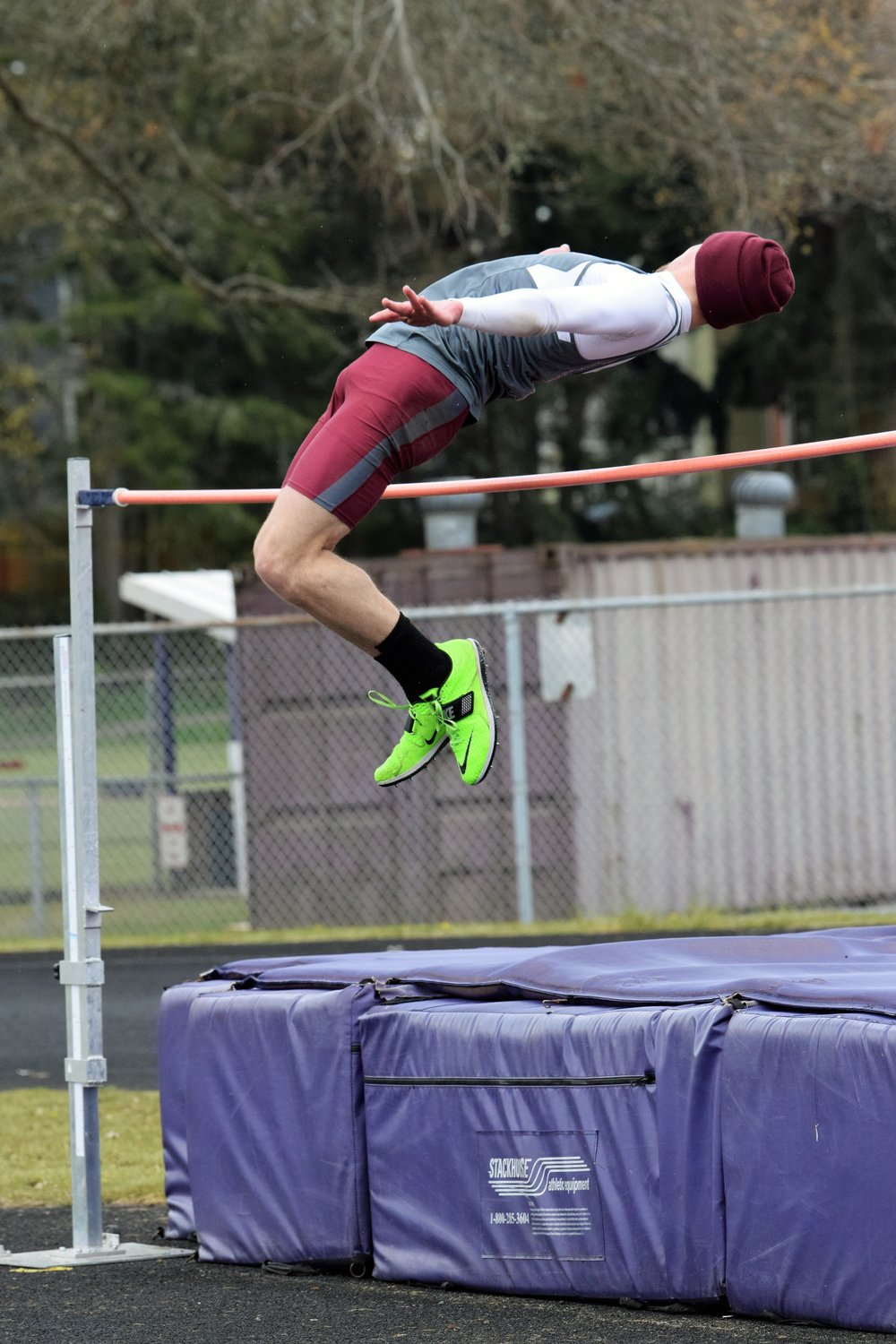W.F. West's Seth Hoff leaps over the high jump bar at the Lil Norway Invite April 16.